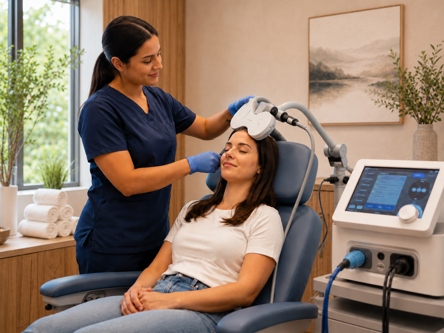 A patient receiving TMS therapy in a calm clinic room, guided by a provider